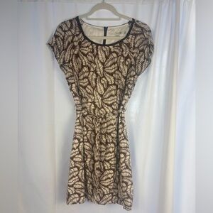 Boden brown and cream Sheath Midi leaves pattern S lined short sleeve tie Dress